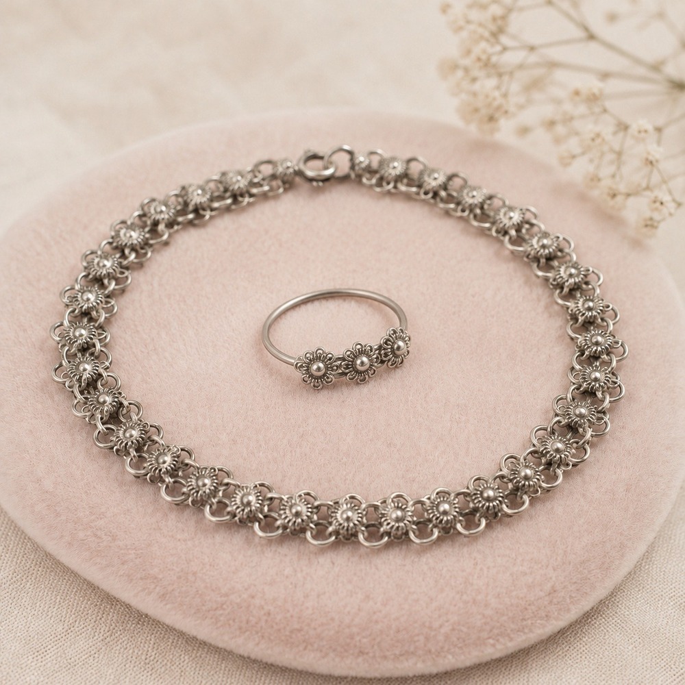 Vtg Sterling Silver Daisy Flower Bracelet & Ring Set Boho Cottagecore Floral